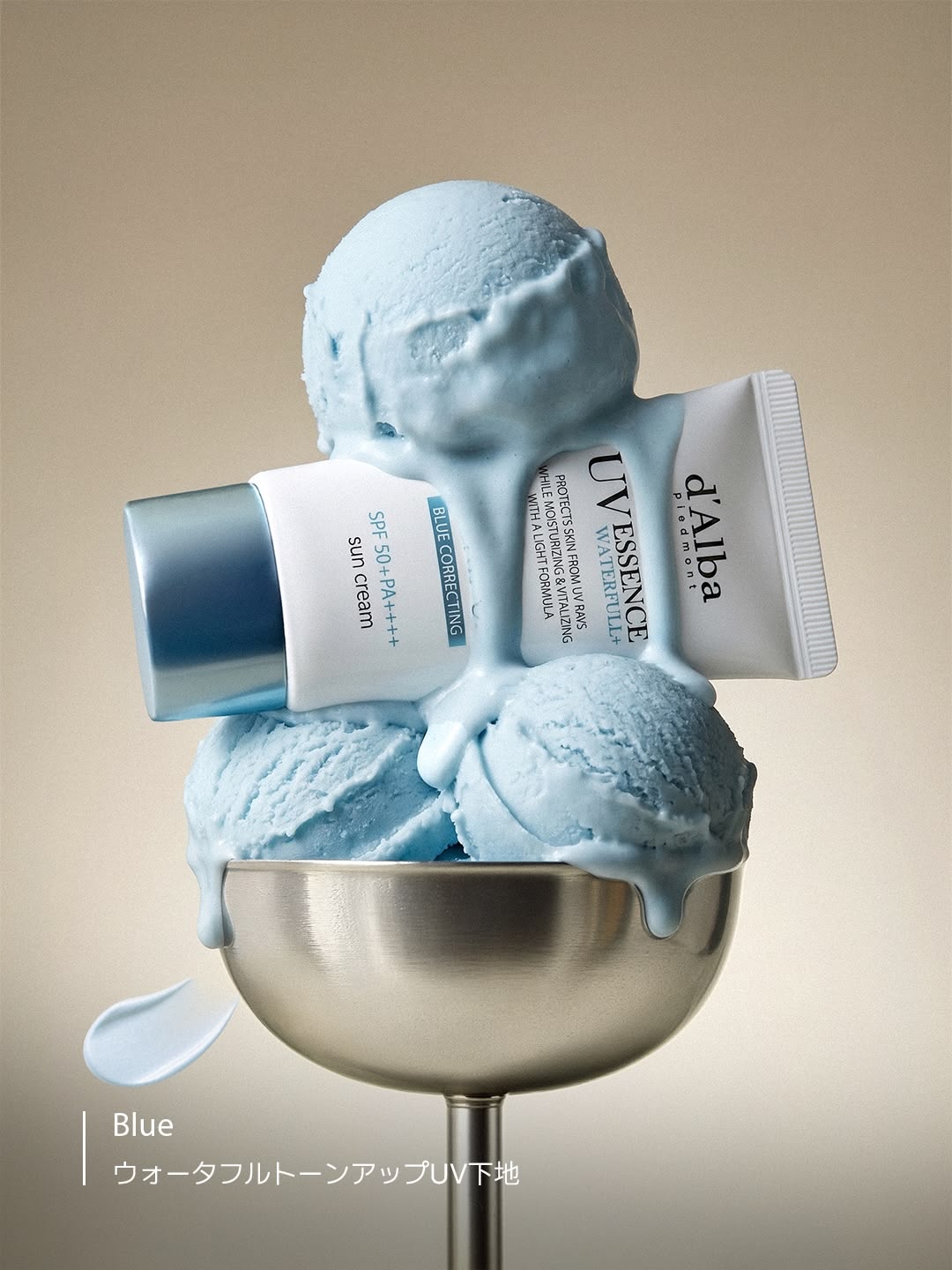 Blue skincare products styled with ice cream