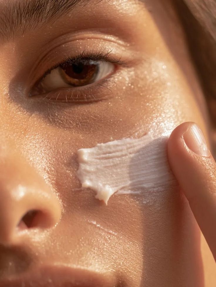 Woman applying cream to her cheek