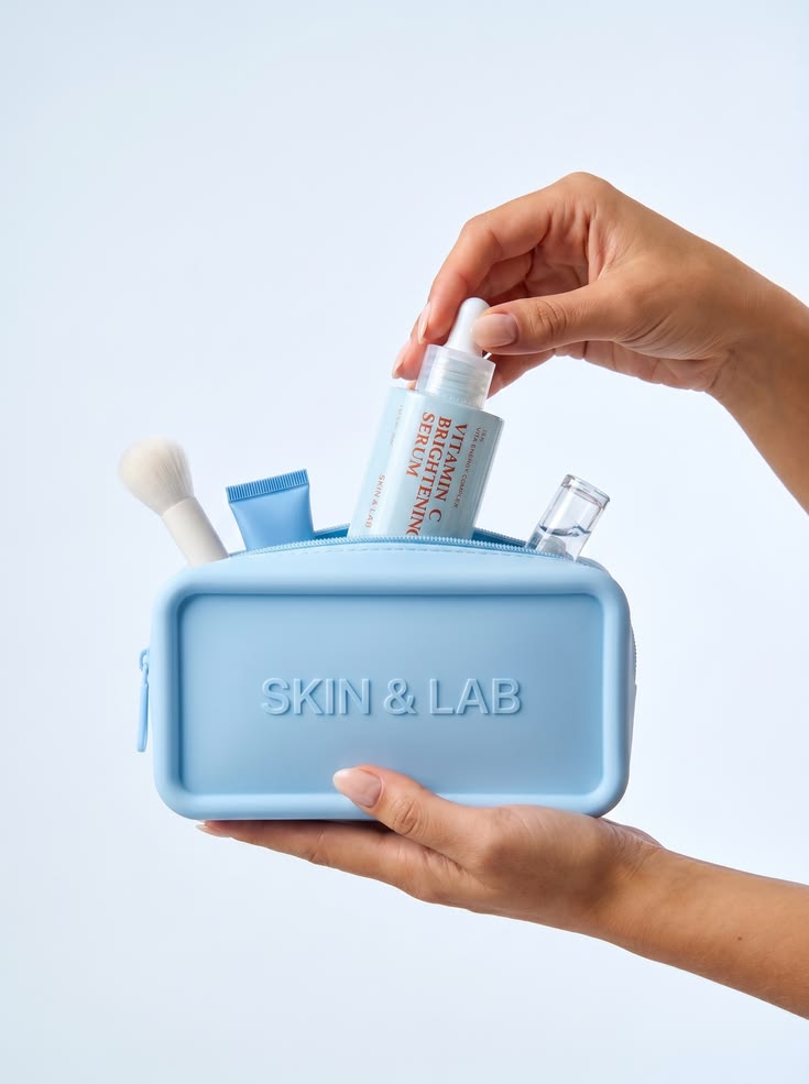 A woman holding a blue Skin and Lab skincare kit